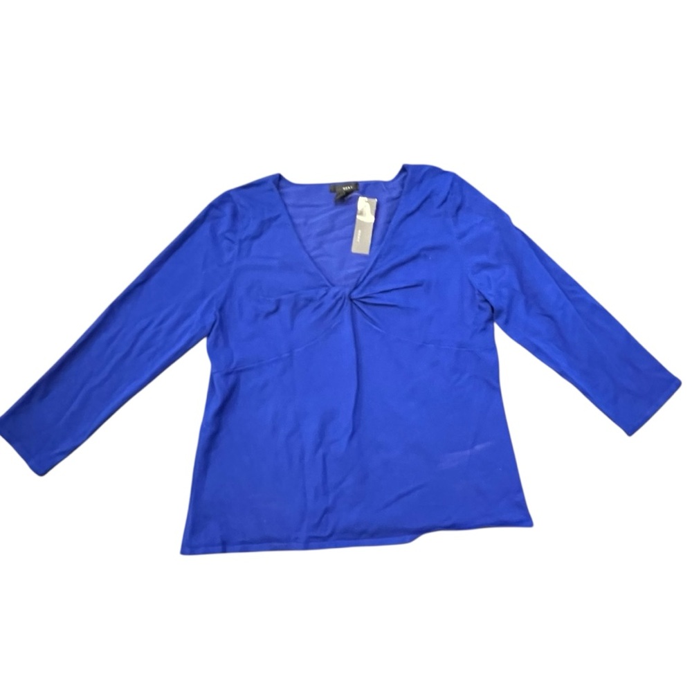 W.D.N.Y. Royal Blue Top Silk Blend Blouse Fitted Ribbed Twist Knot Front NEW LG